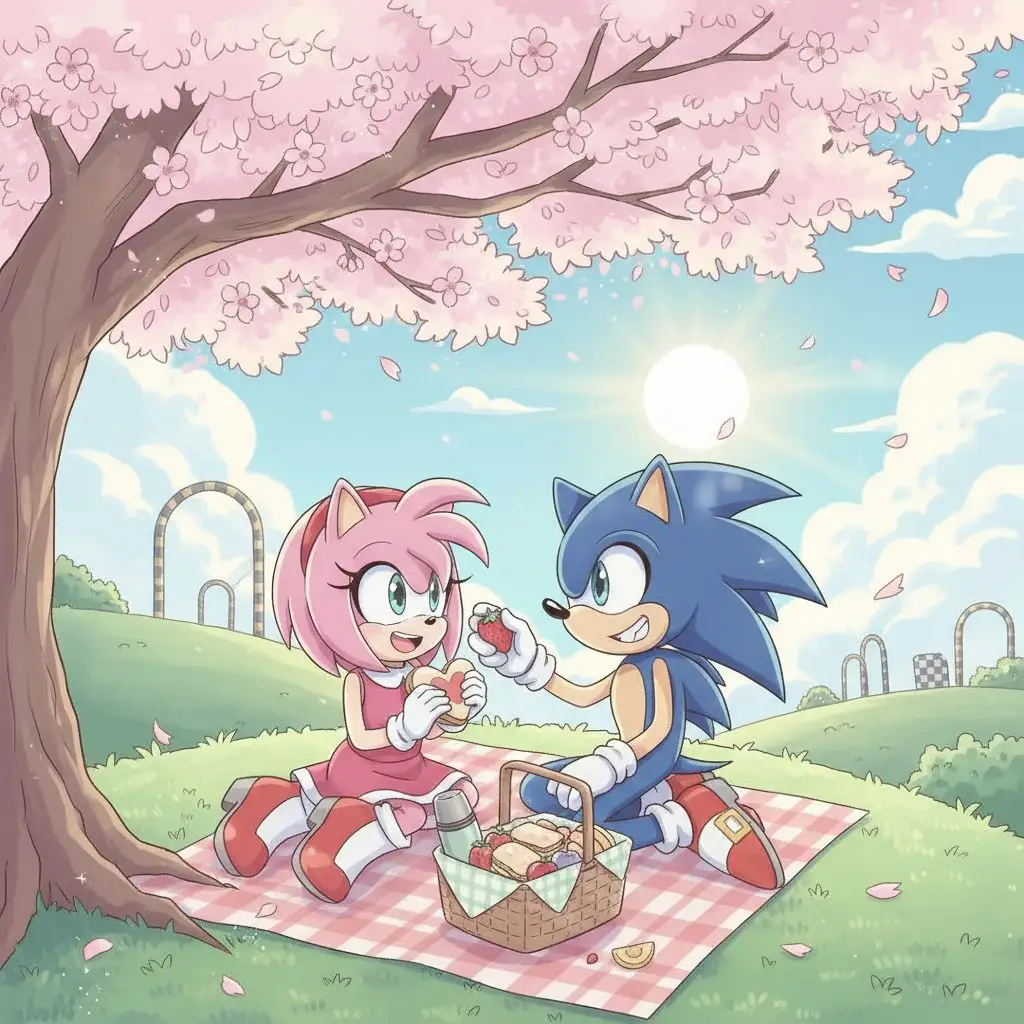 Sonic and Amy on a romantic picnic under a cherry blossom tree, whimsical anime art.