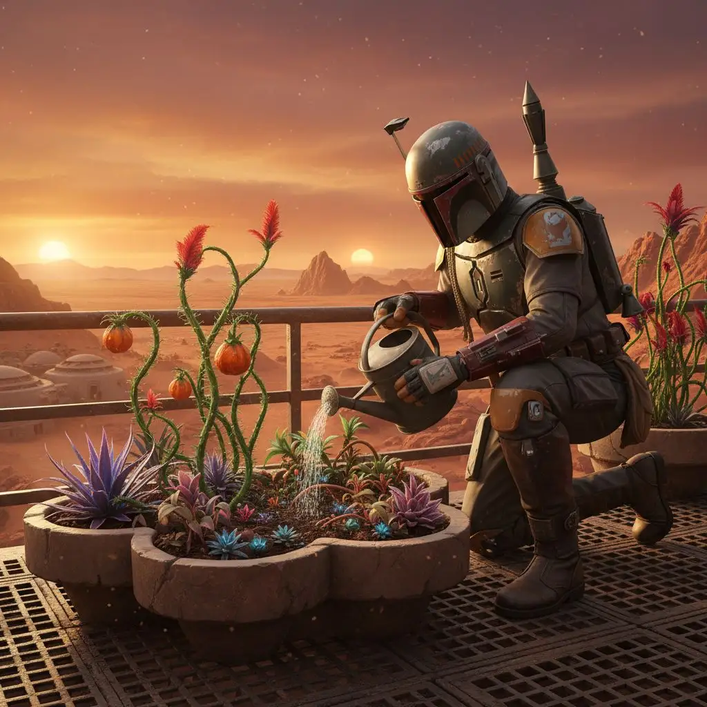 Boba Fett tending an exotic garden on a desert planet balcony.