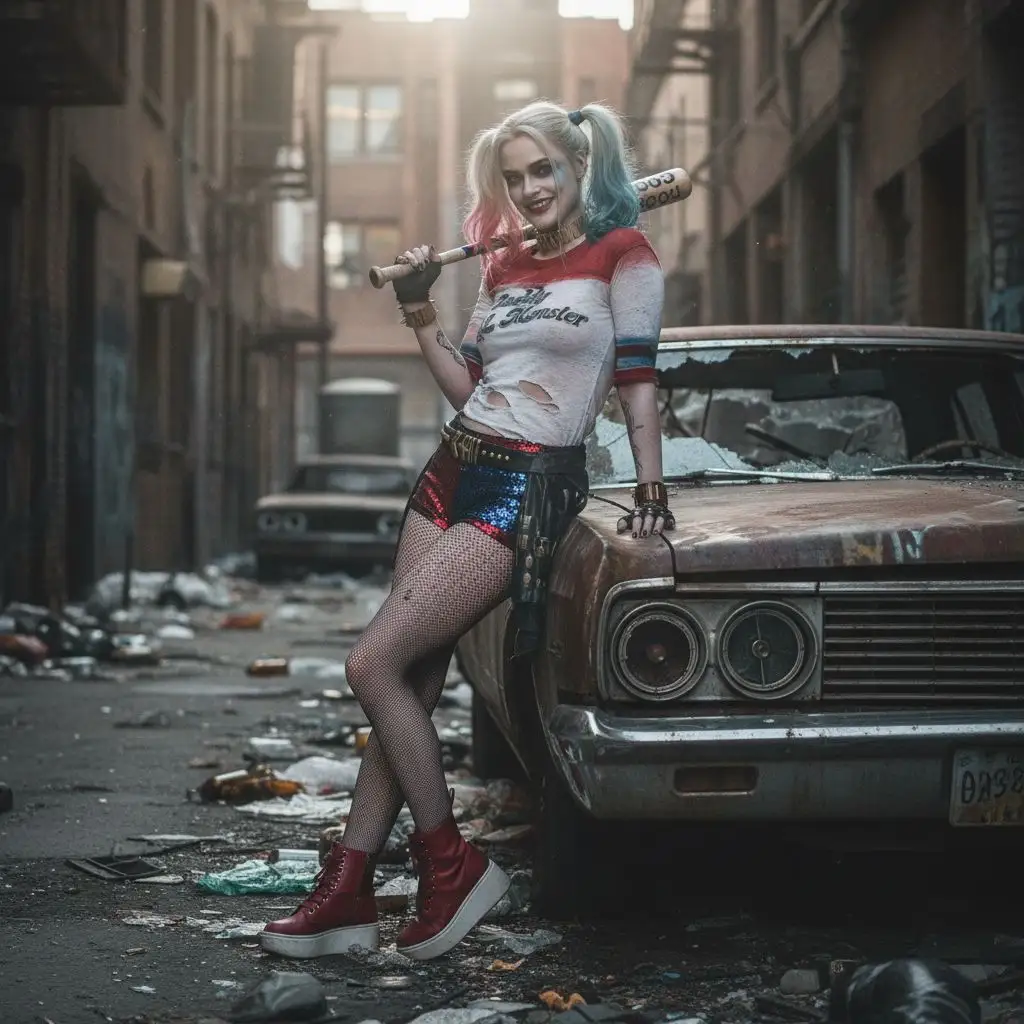 Suicide Squad Harley Quinn in an alleyway, realistic film-style fan art.