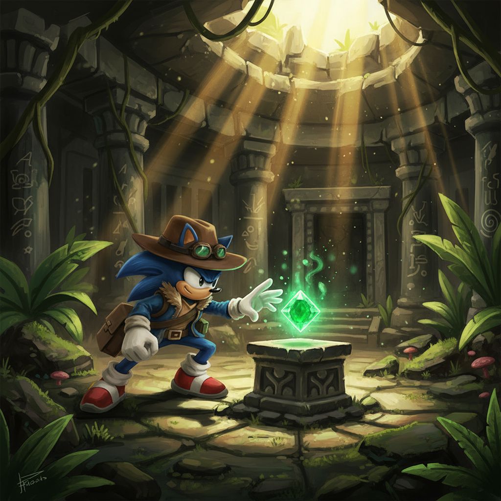 Modern Sonic as an archaeologist discovering a Chaos Emerald in a jungle temple, concept art.