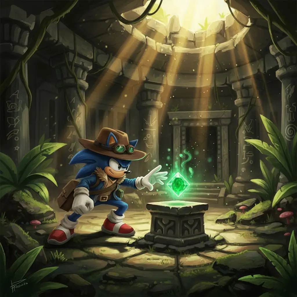 Modern Sonic as an archaeologist discovering a Chaos Emerald in a jungle temple, concept art.