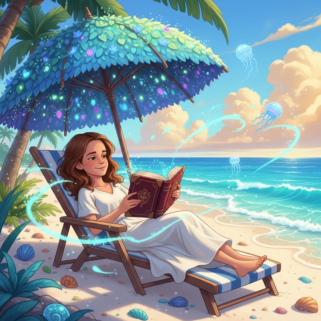 Hermione Granger relaxing on a tropical beach, reading a spellbook.