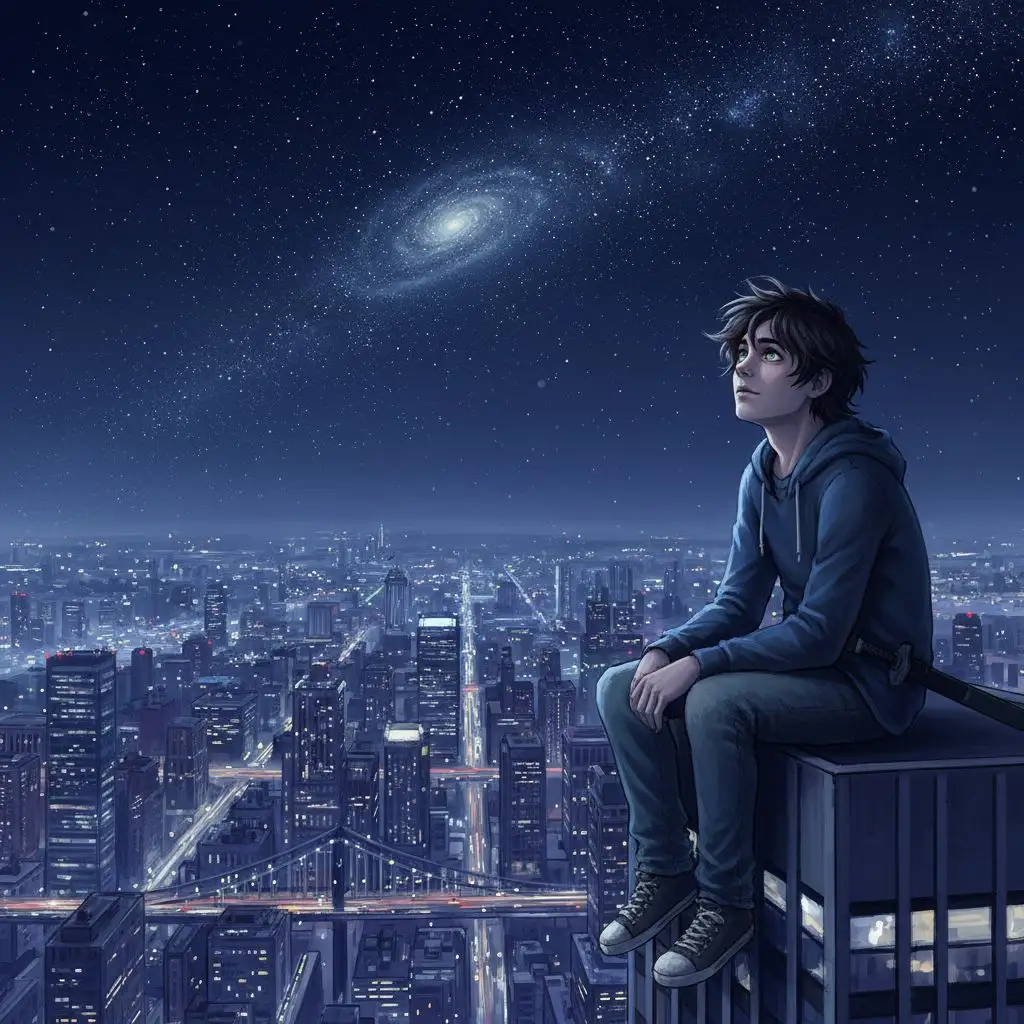 Percy Jackson contemplating the starry sky from a New York City skyscraper.