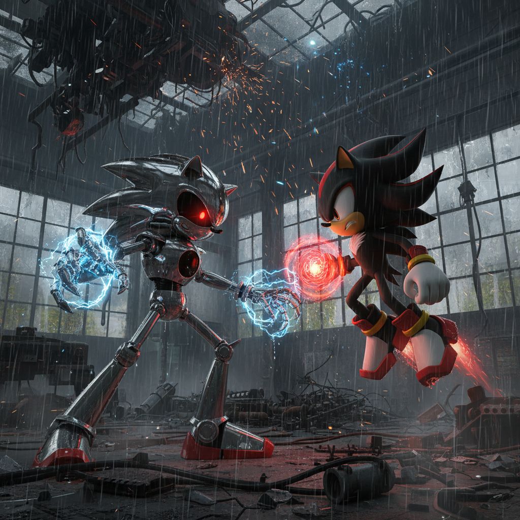 Metal Sonic and Shadow in a tense standoff in a derelict factory, cinematic sci-fi.