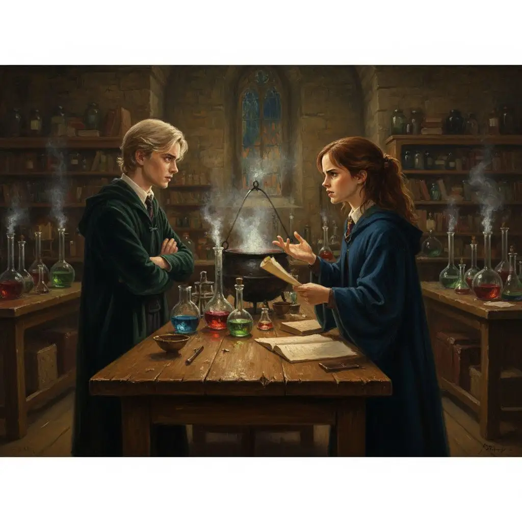 Draco and Hermione debating in a potions classroom with bubbling flasks.