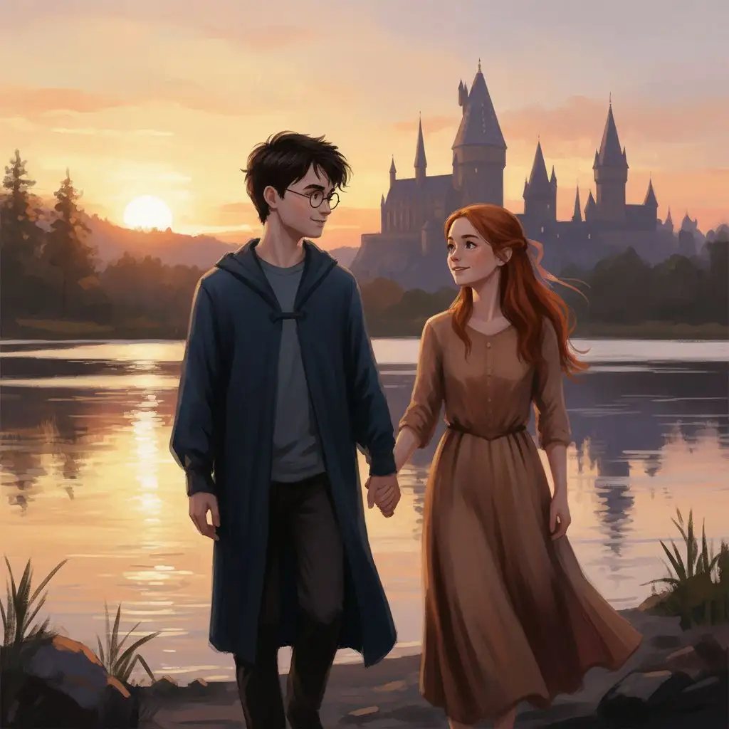 Harry Potter and Ginny Weasley walking by the Black Lake at sunset.