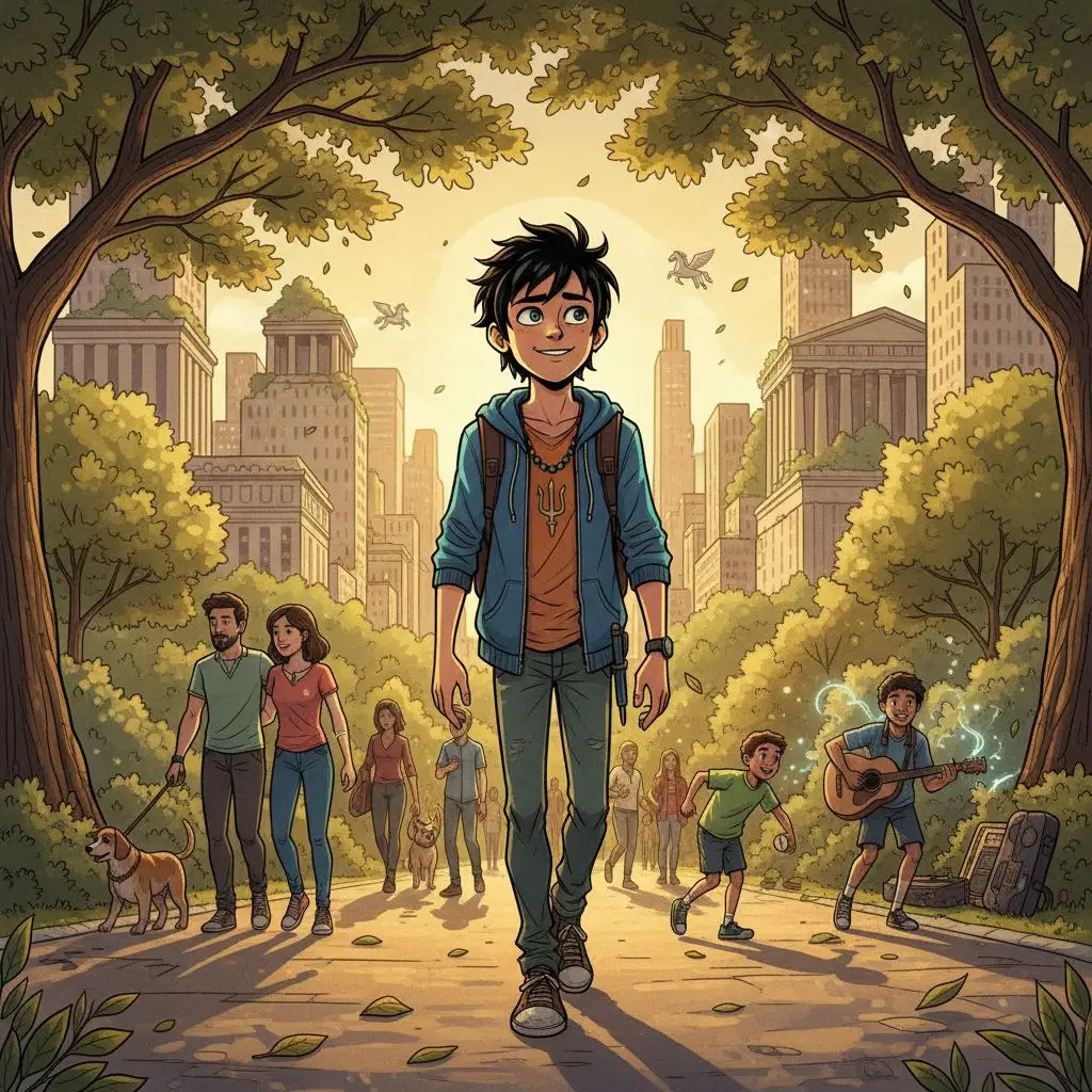 Percy Jackson enjoying a casual stroll through Central Park, demigod life.