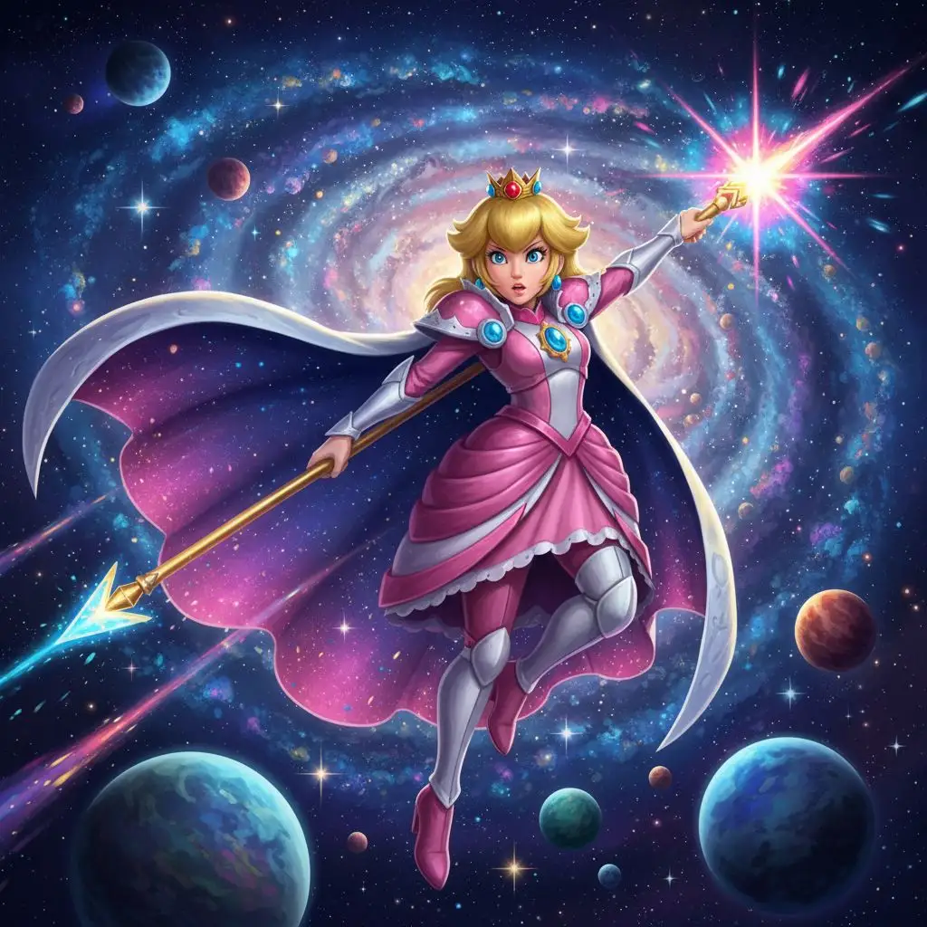 Super Princess Peach flying heroically through a starry galaxy.