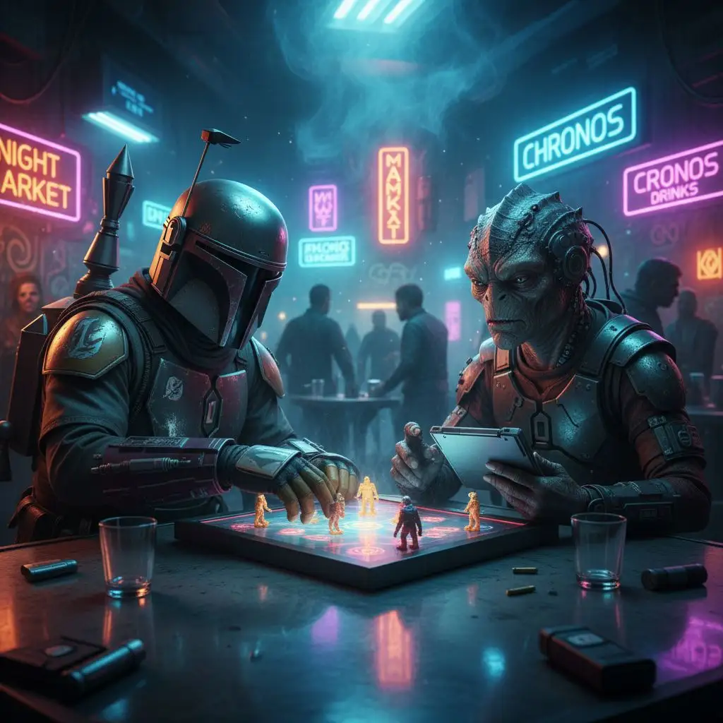 Boba Fett playing dejarik against an alien in a smoky bar.