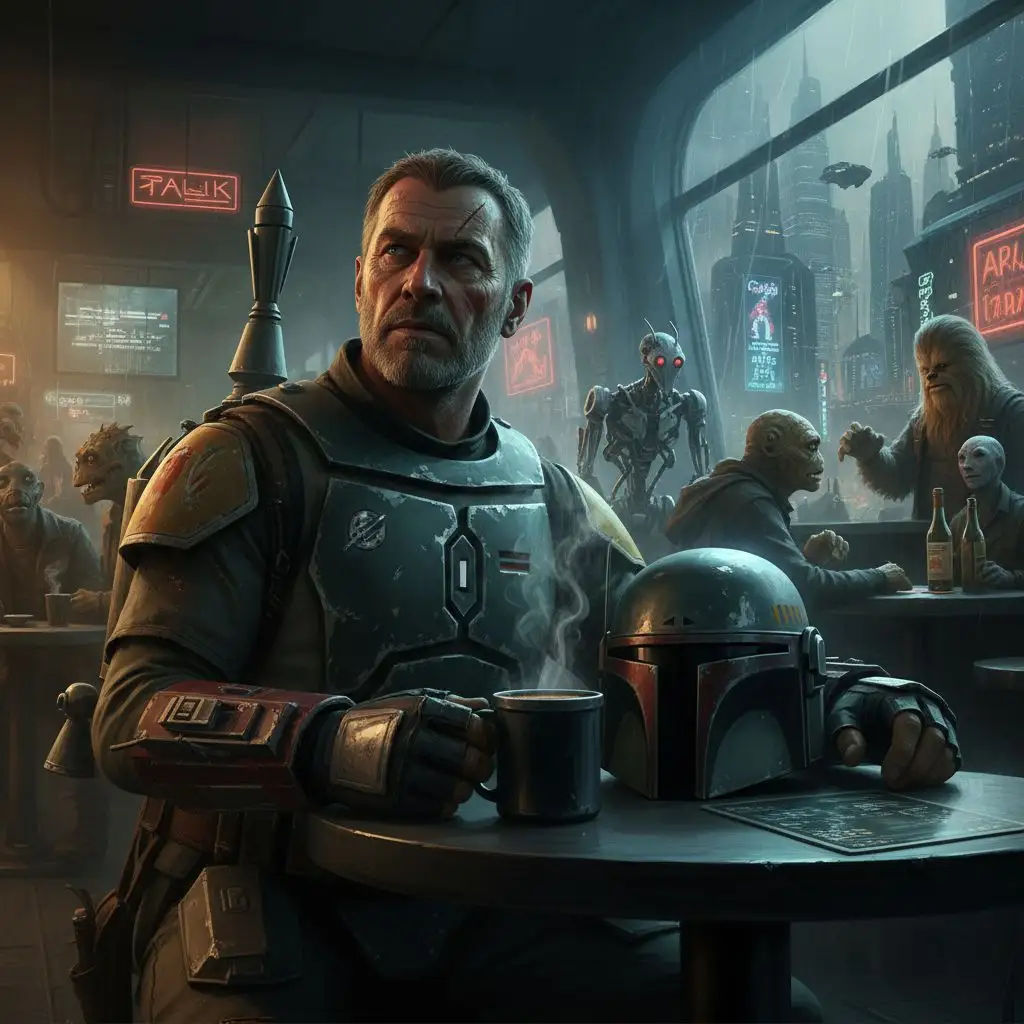 Boba Fett enjoying coffee at a space cantina, sci-fi noir style.