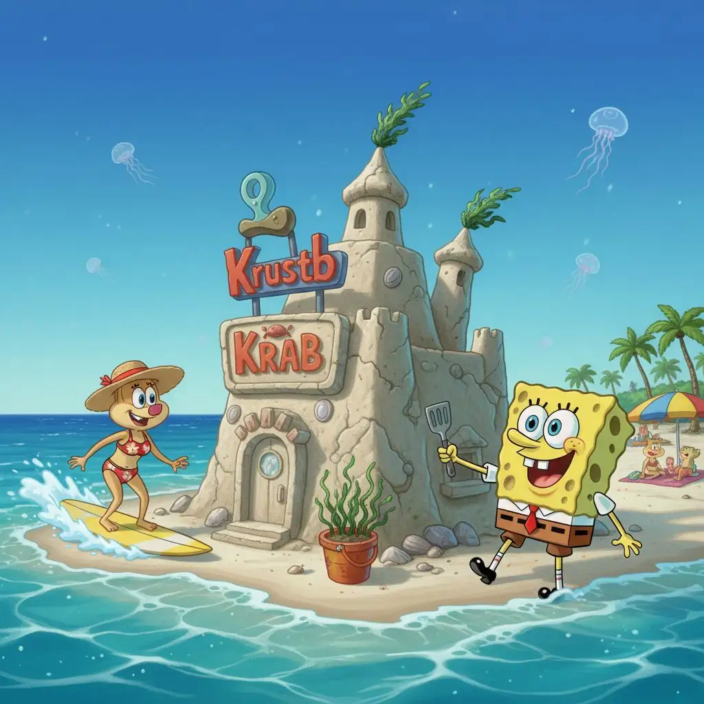 Spongebob building a sandcastle with Sandy Cheeks at Goo Lagoon.
