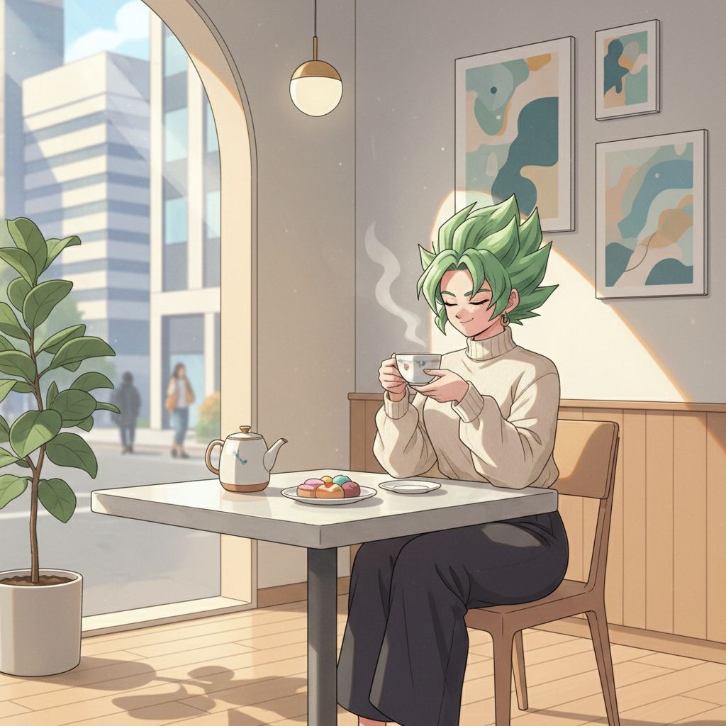 Kefla in a calm urban café setting, sipping tea.