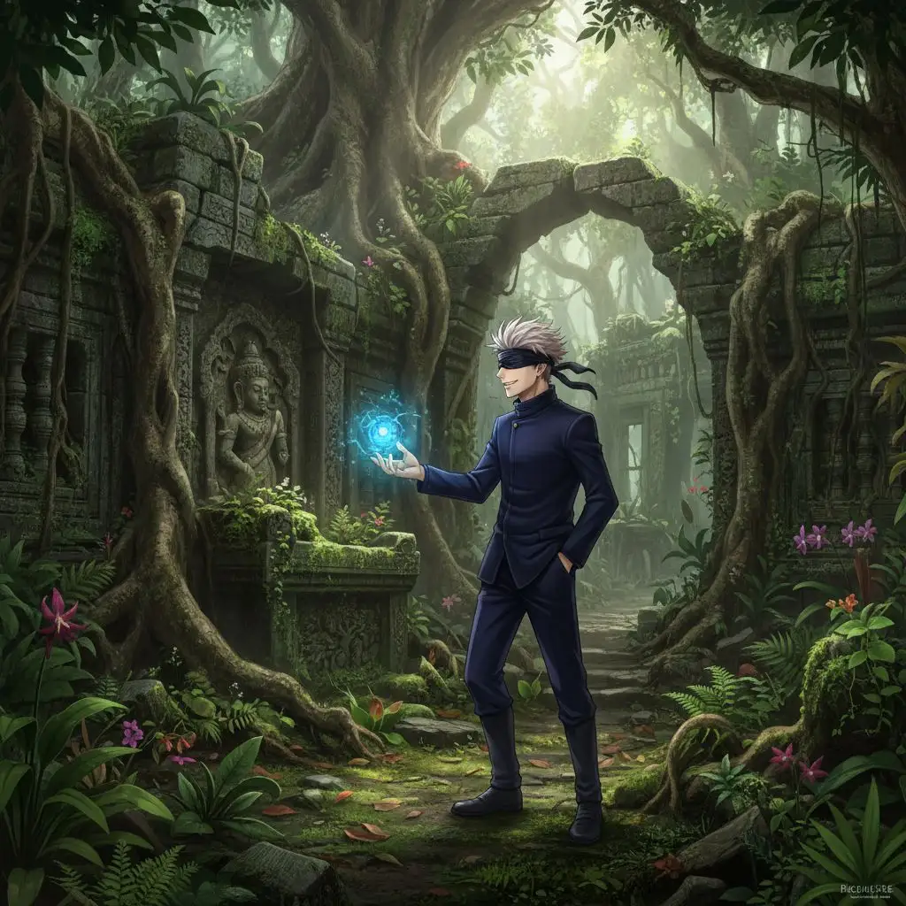 Gojo Satoru exploring an ancient temple in a jungle, conveying adventure and mystery in a realistic style.