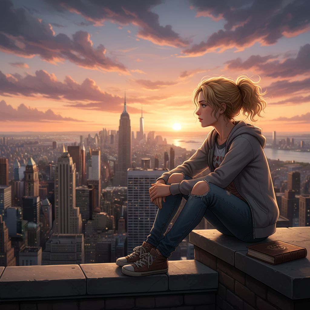 Annabeth Chase on a New York City rooftop at sunset, reflecting a contemplative urban scene.