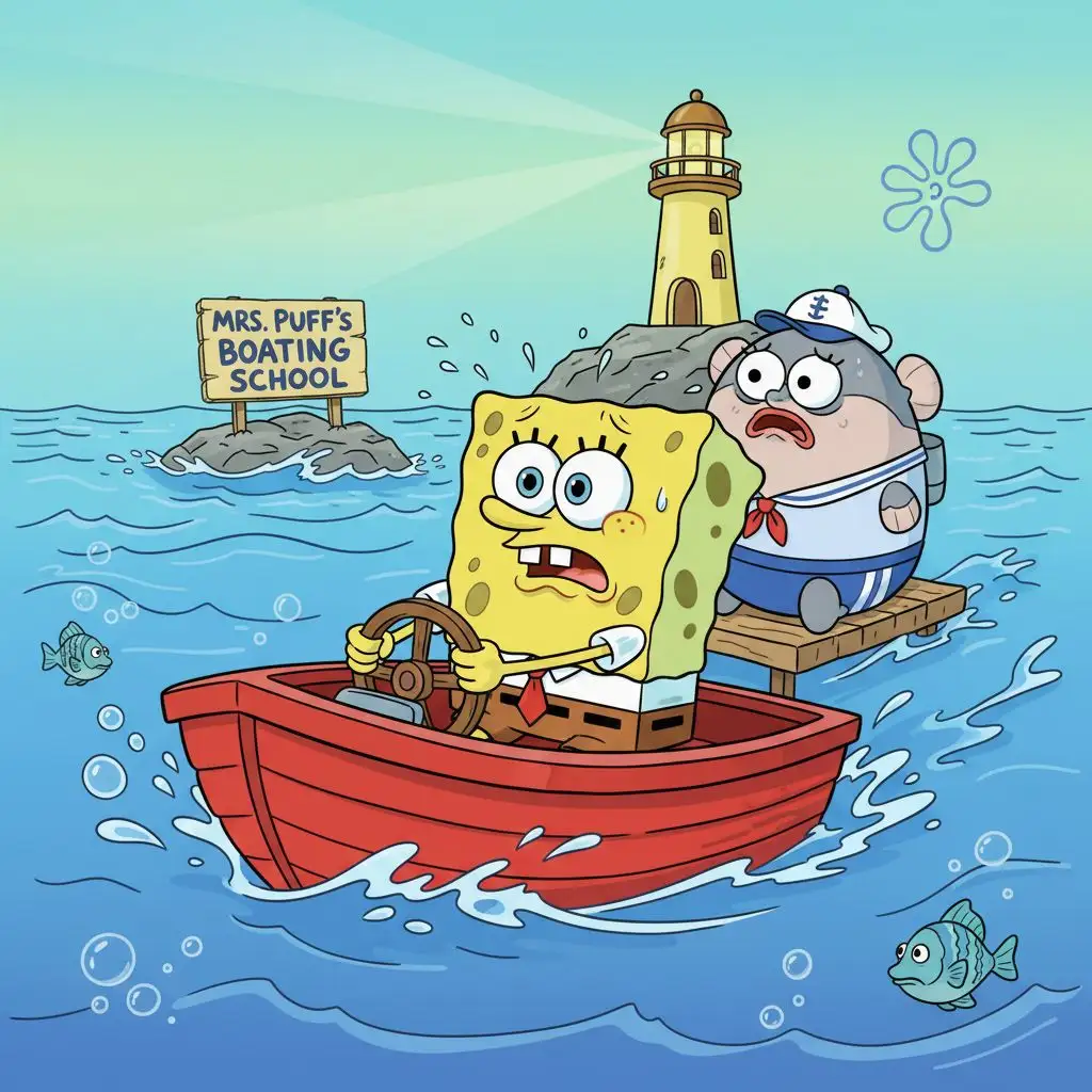 Spongebob nervously driving a boat at Mrs. Puff's Boating School.