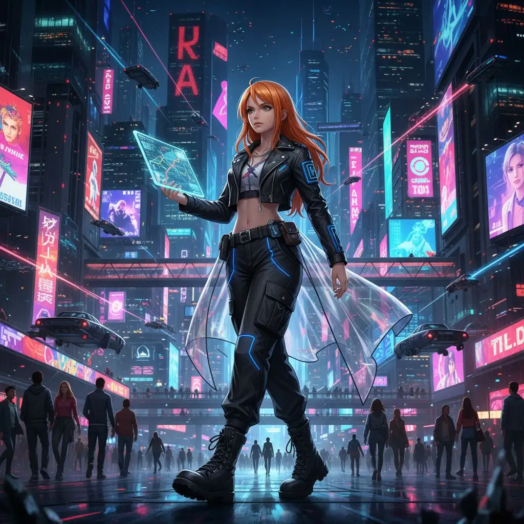 Nami navigating a futuristic city at night, dressed in modern attire.