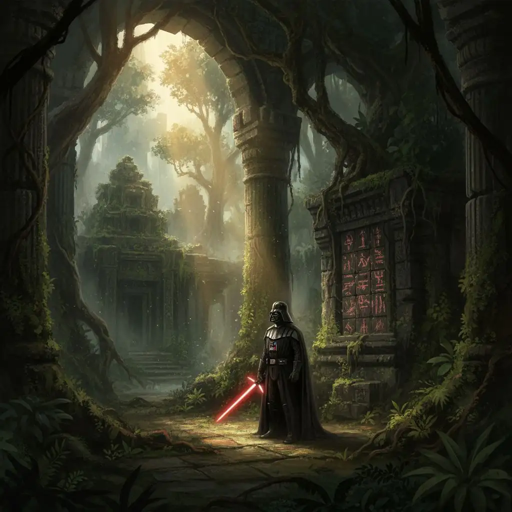 Darth Vader exploring an ancient jungle temple, cinematic matte painting.
