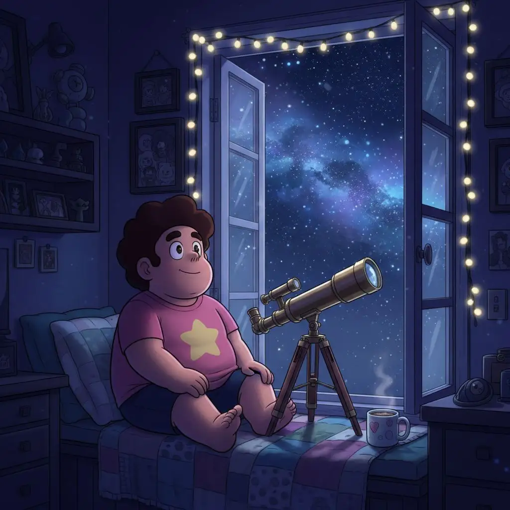 Steven Universe stargazing from his bedroom window, cosmic night sky.
