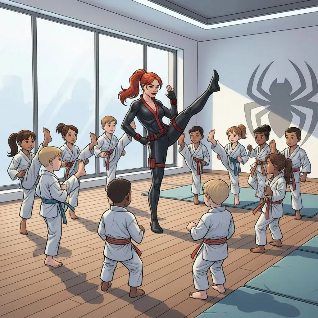Black Widow teaching martial arts to students, dojo training.