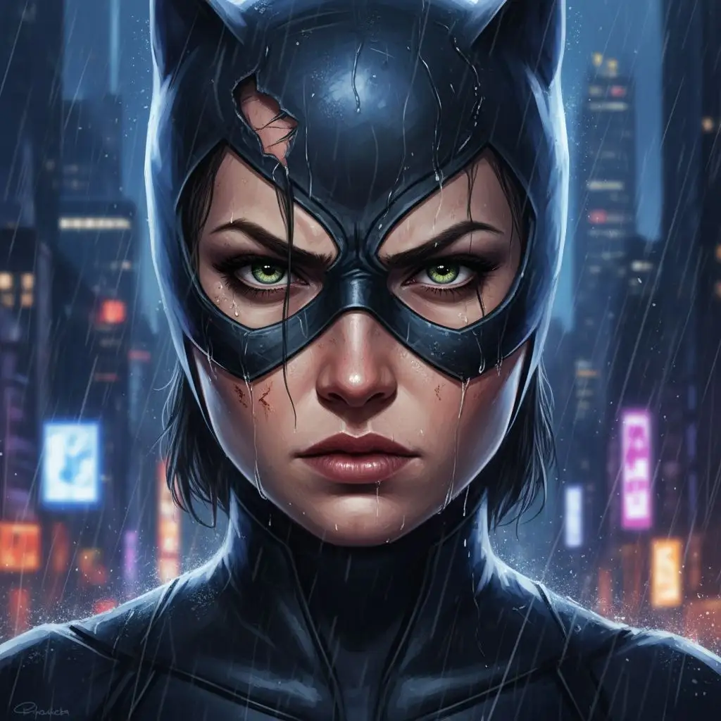  Close-up of Catwoman's determined face in rain, realistic portrait