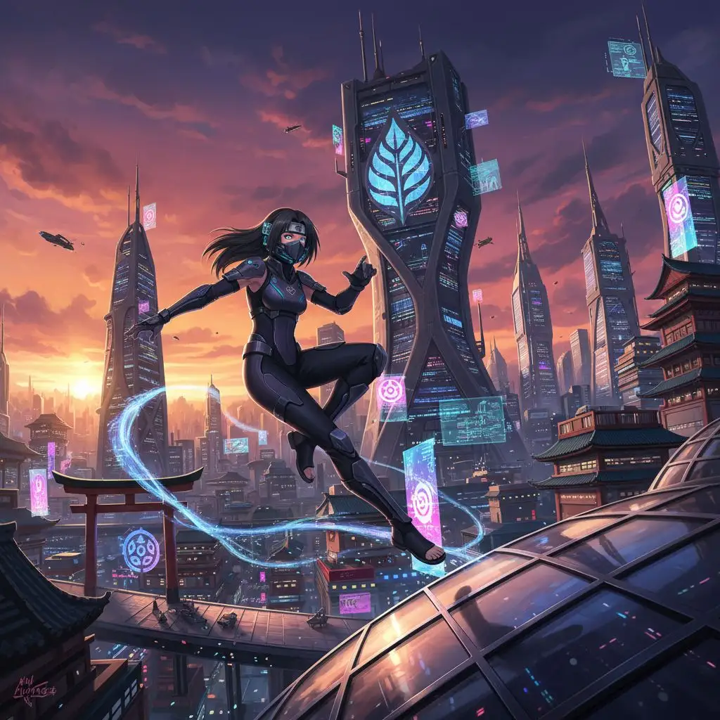 Hinata as a ninja leaping across futuristic Konoha rooftops at sunset.