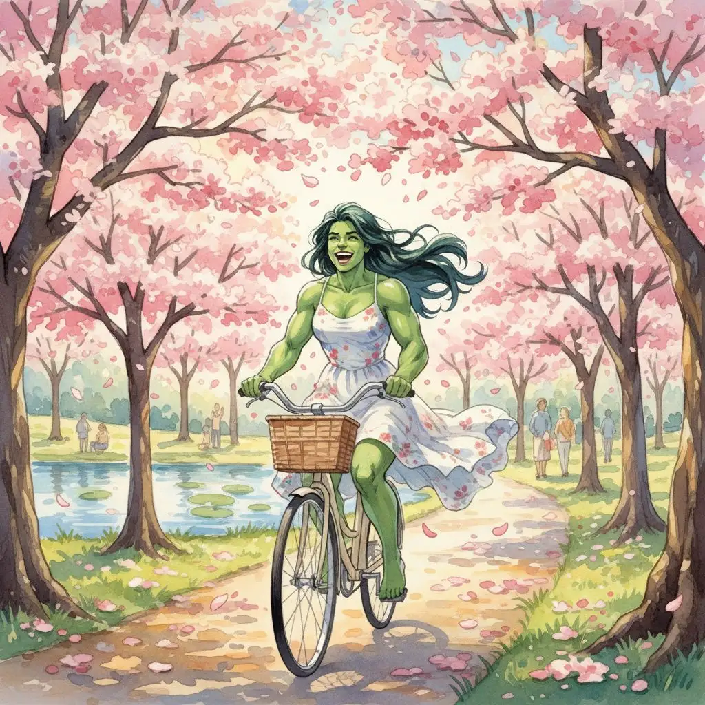 She Hulk riding a bicycle in a park, showing a cute and joyful side.