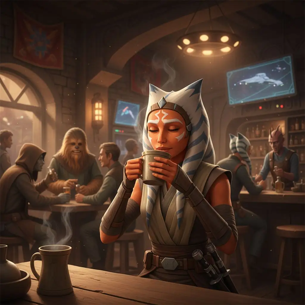 Ahsoka Tano having tea in a lively cantina