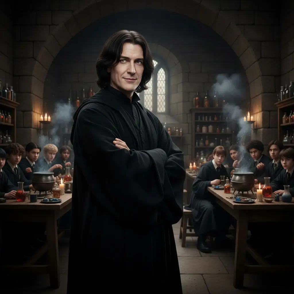 Severus Snape subtly smirking while observing a Potions class.
