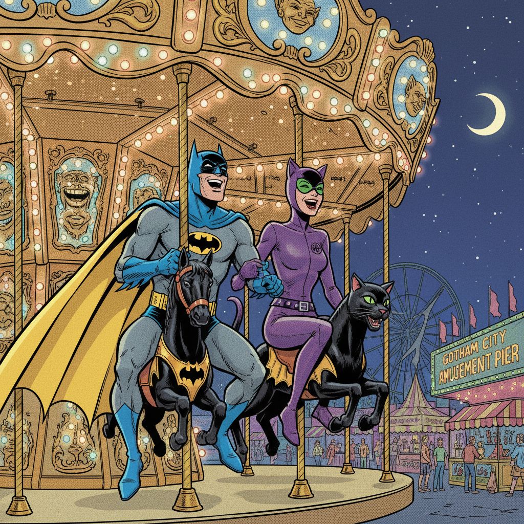 Batman and Catwoman laughing on a carousel at a whimsical carnival, classic comic charm.