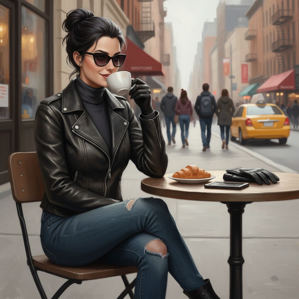 Casual Catwoman enjoying coffee in an urban setting, realistic digital painting