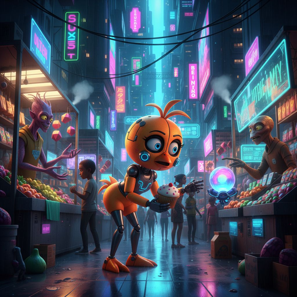 Curious Toy Chica exploring a futuristic city market, cyberpunk animation style.