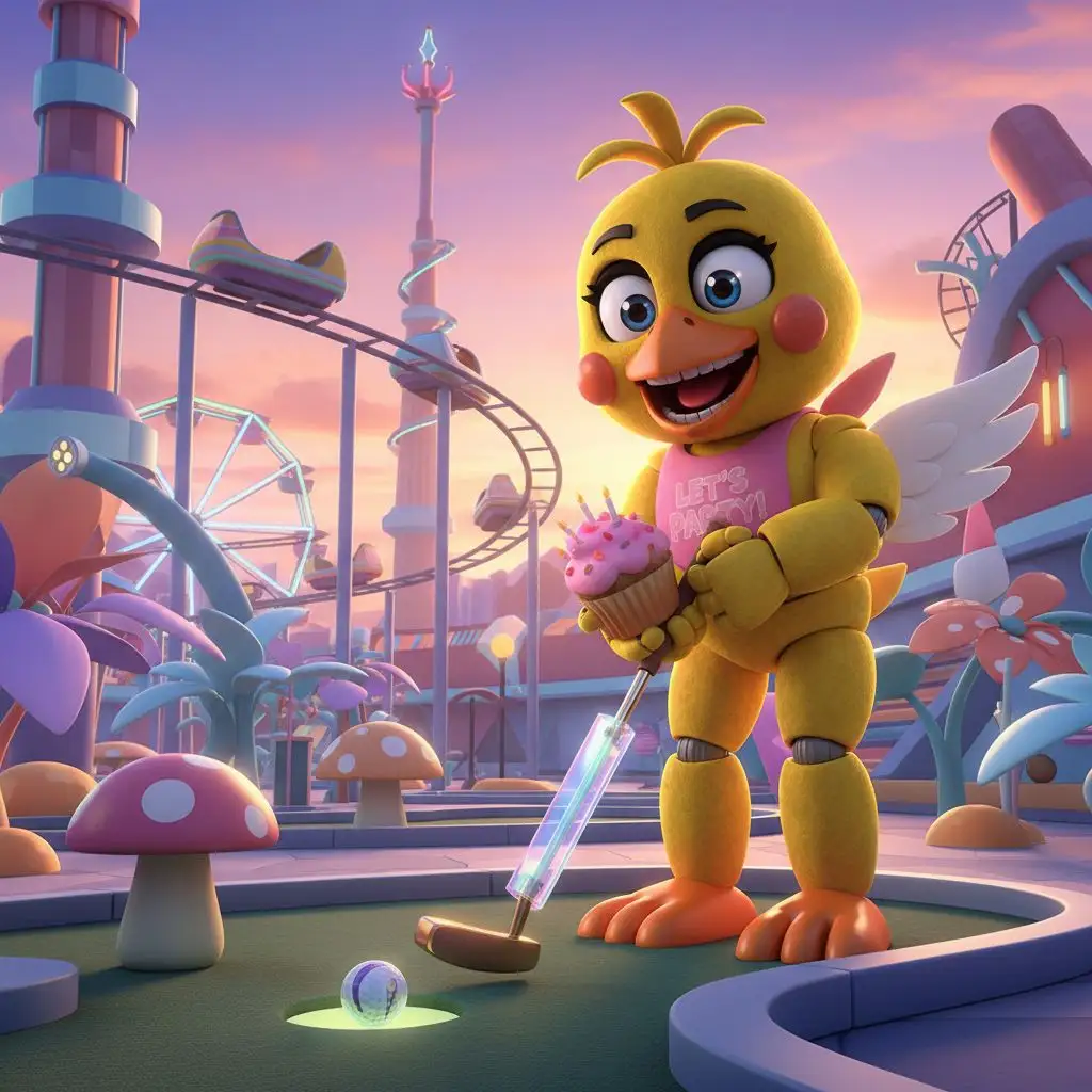 Joyful Toy Chica playing mini-golf at a retro amusement park at sunset, animated style.