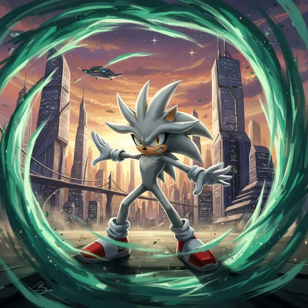 Super Silver the Hedgehog in a powerful pose, defending a city, digital painting.