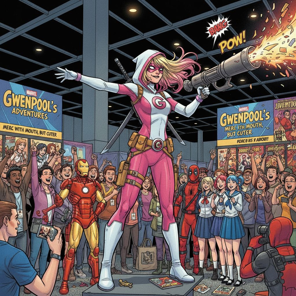 Gwenpool at a comic convention, hero pose, surrounded by fans.