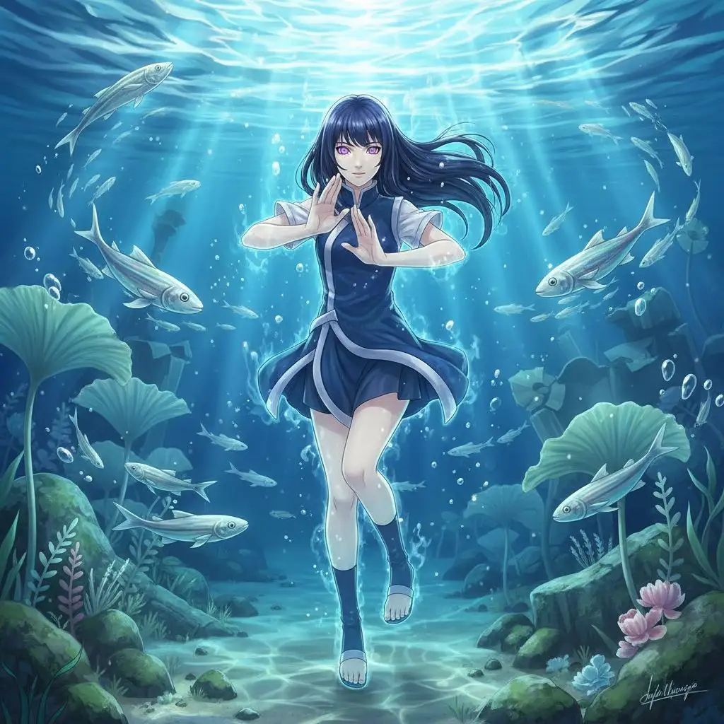 Hinata practicing gentle fist underwater in a clear lake.