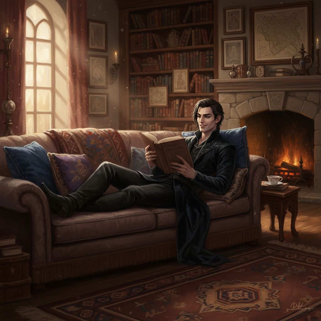 Rhysand lounging on a sofa in his study, reading a book with a mischievous smirk.