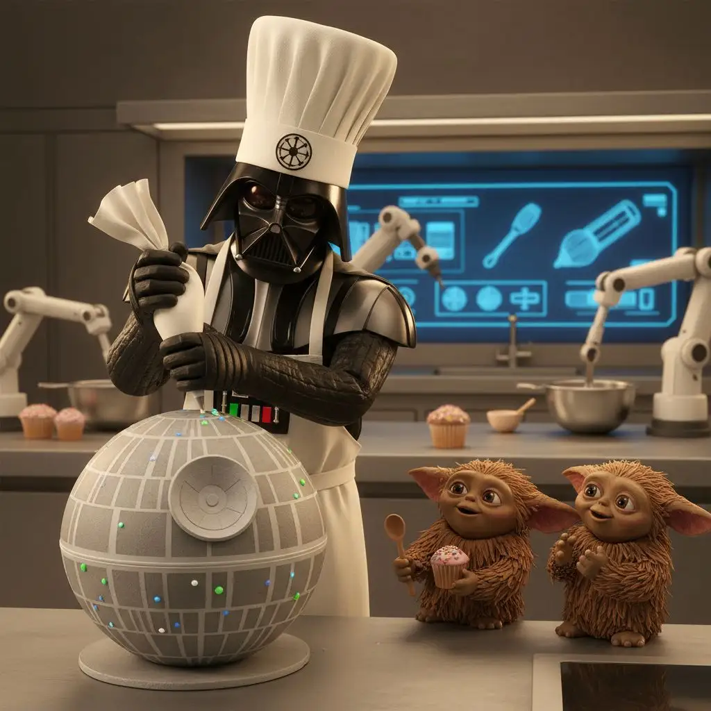 Chef Darth Vader decorating a Death Star cake with Ewoks.