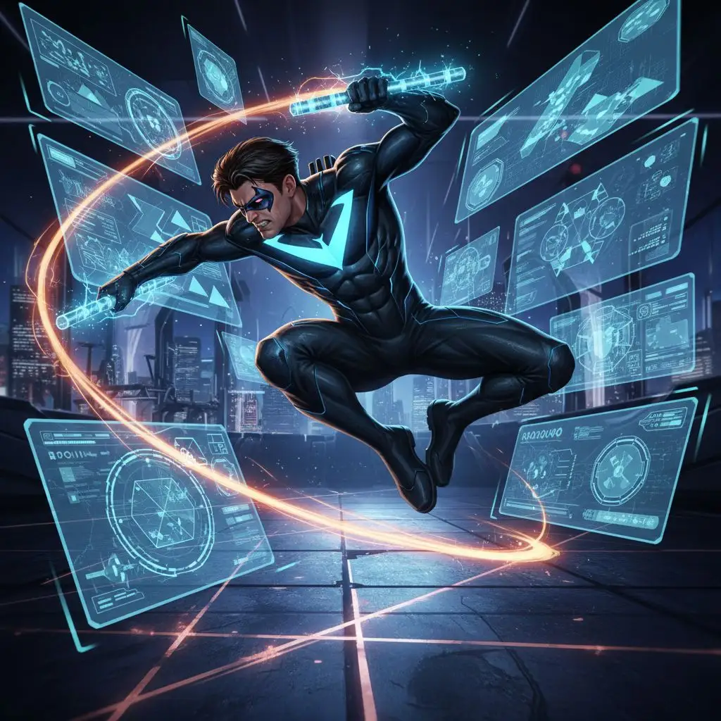 Nightwing training in a futuristic gym, dynamic digital art