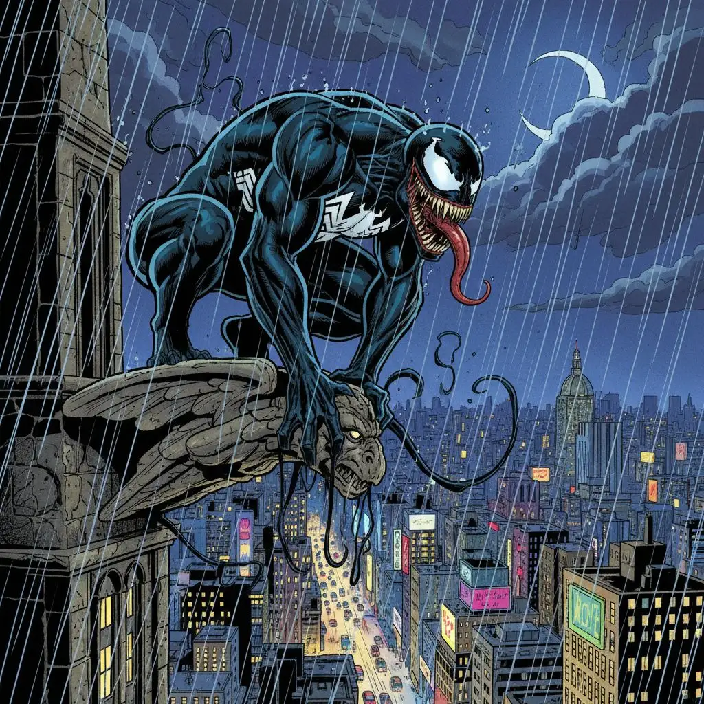 Classic comic style Venom fan art on a gargoyle, city night.