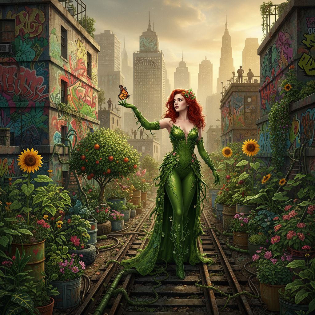 Poison Ivy in a secret urban garden, hopeful environmental fan art.