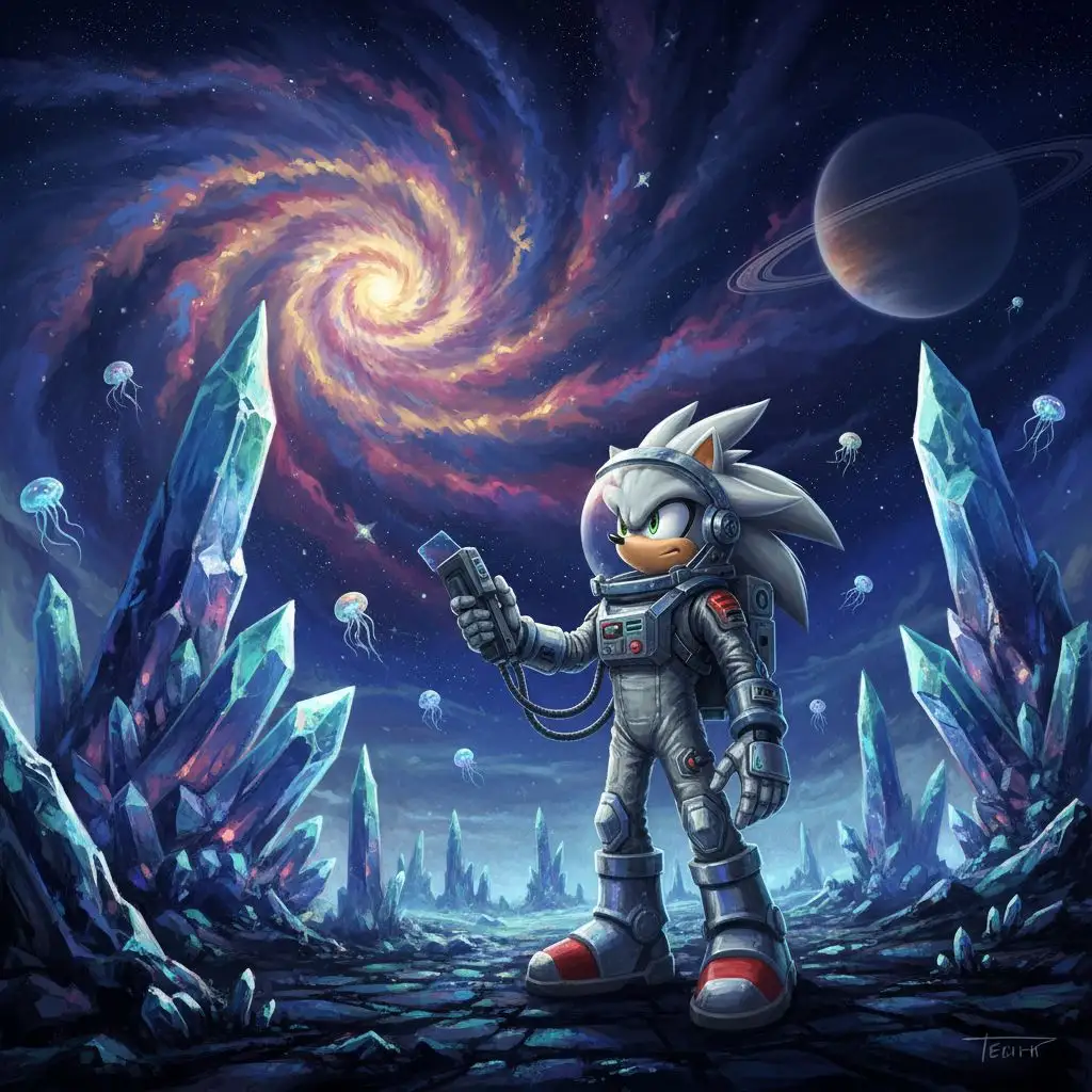 Silver the Hedgehog exploring an alien planet as an astronaut, sci-fi concept art.