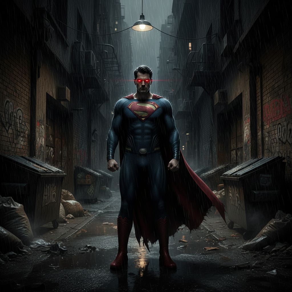 Dark Superman with red eyes in a rainy, desolate alleyway, noir style.