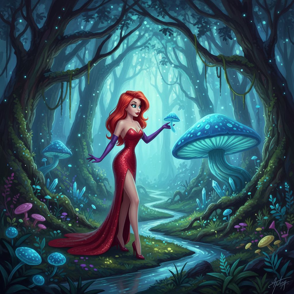 Jessica Rabbit exploring a magical enchanted forest.