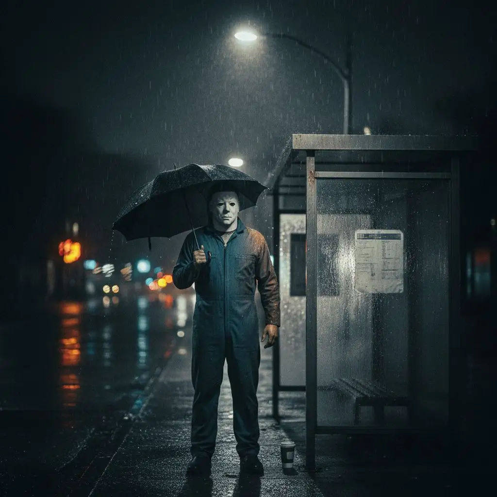 Michael Myers at a bus stop in the rain, film noir aesthetic.