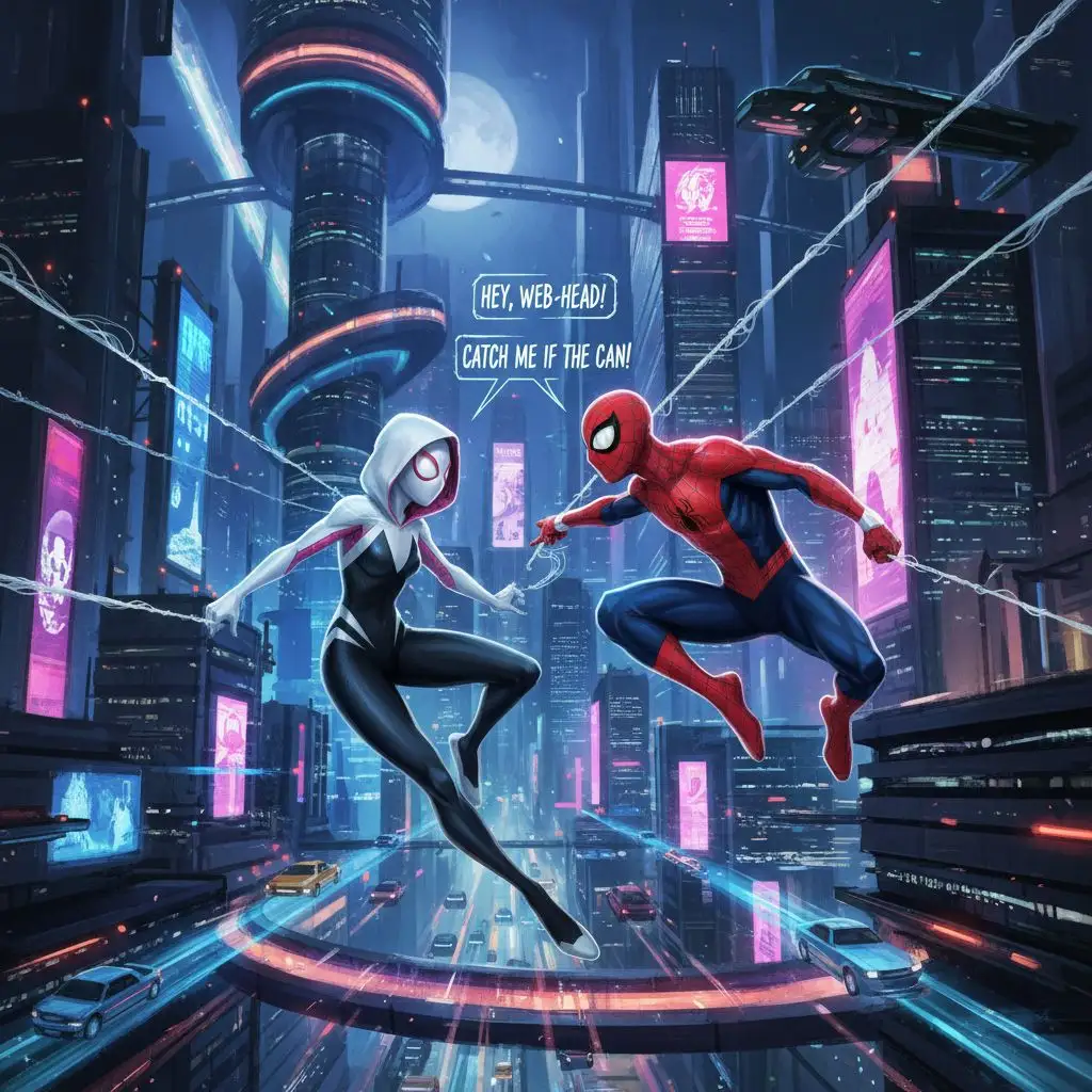 Spiderman and Spider-Gwen swinging through a neon city at night
