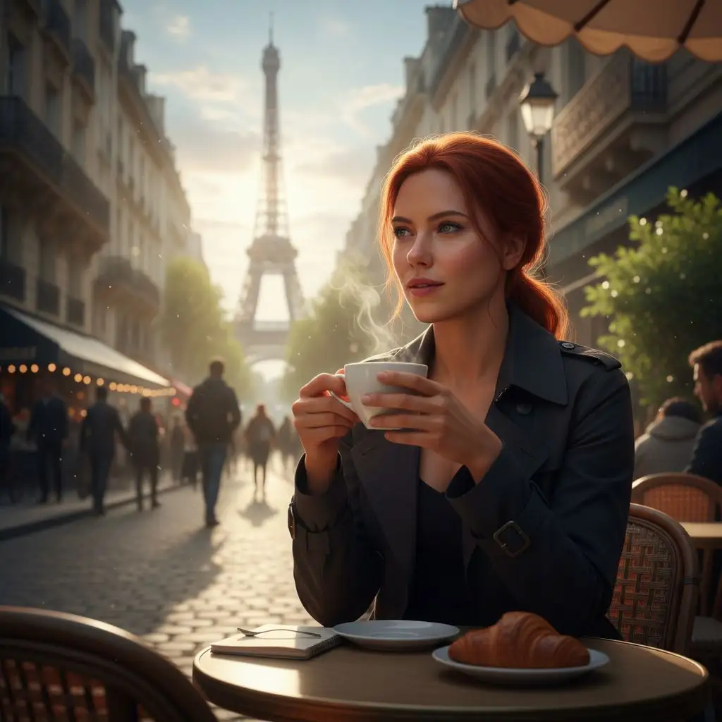 Black Widow enjoying coffee in a Parisian cafe, Parisian street scene.