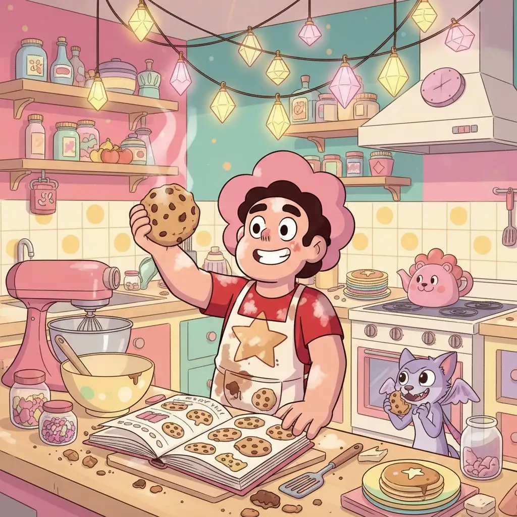 Steven Universe baking in a colorful kitchen, holding a cookie.