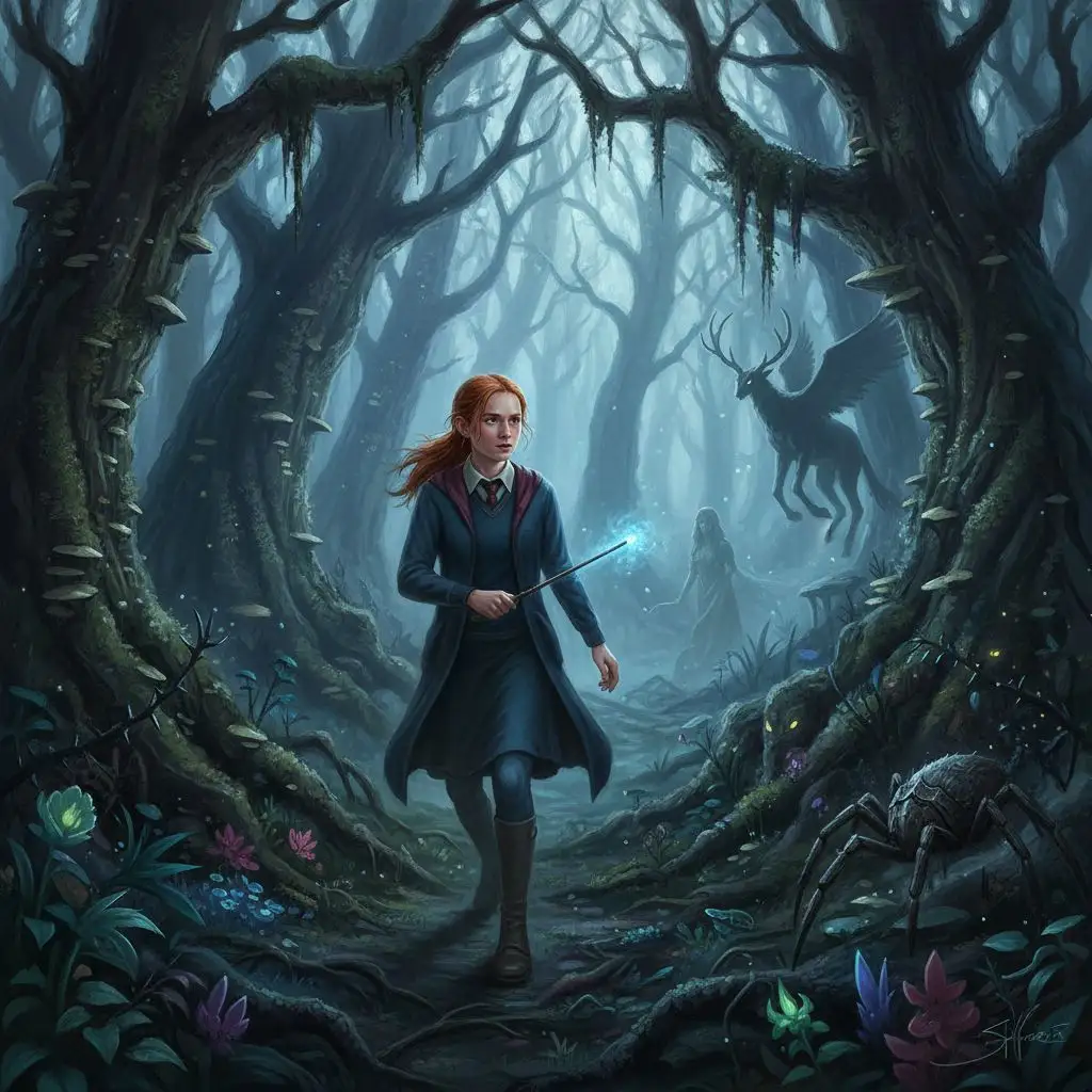 Ginny Weasley cautiously exploring the Forbidden Forest, fan art.