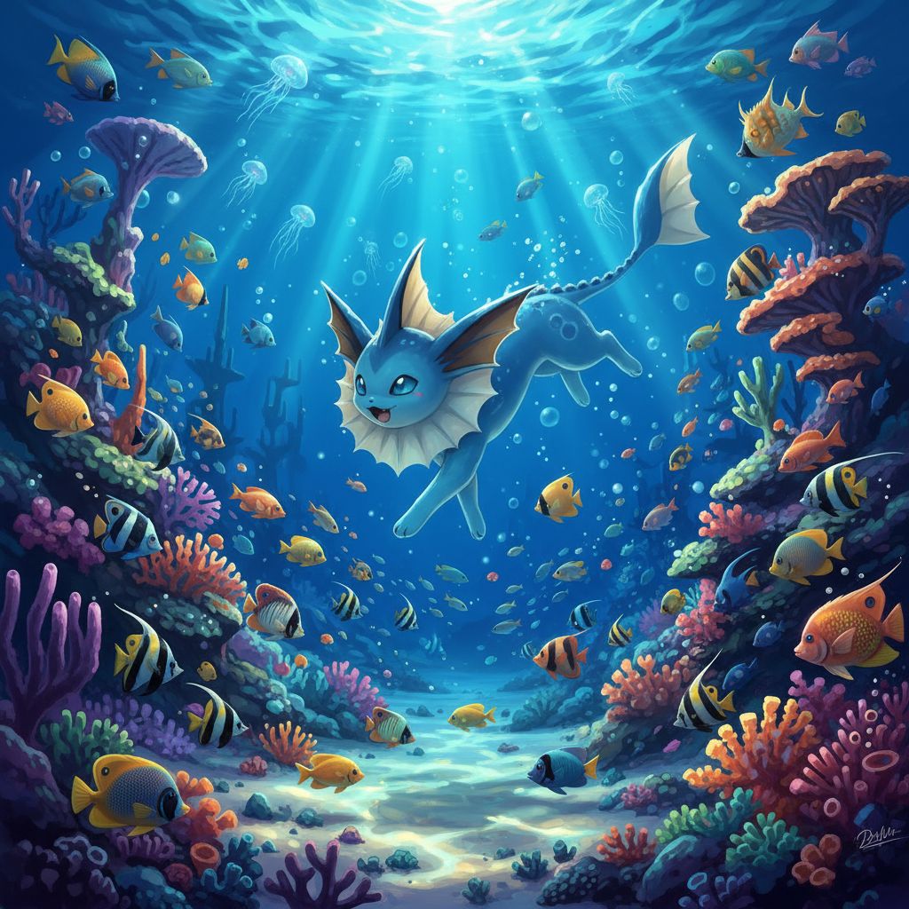 Vaporeon swimming in a coral reef