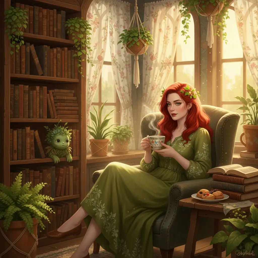 Poison Ivy reading in a plant-filled library with Harley Quinn, cozy fan art.
